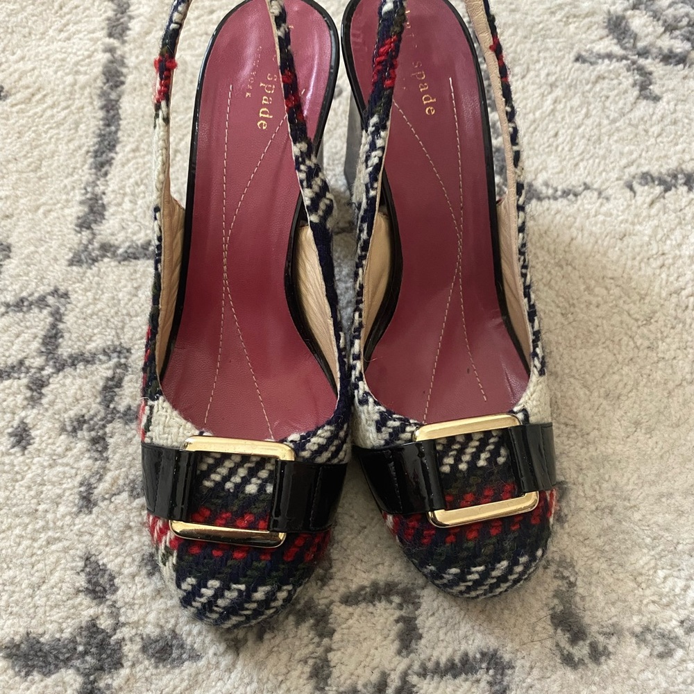 Kate Spade tweed plaid round toe sling back heels▪️size 8